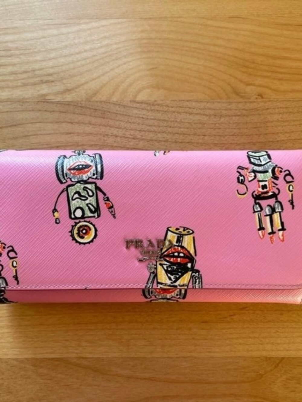 Prada Pink Saffiano Wallet with Colorful Robot Motif